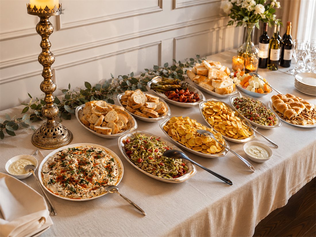 Sfeervol cateringbuffet van Smöllers met mezze, broden en salades