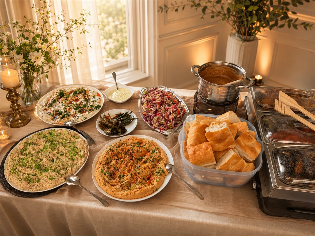 Warm cateringbuffet met warmhoudschalen, hummus en vers brood